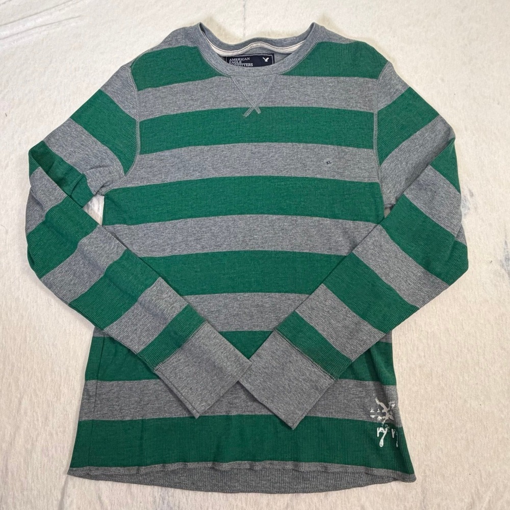 Y2K American Eagle Men's Striped Thermal Shirt Green Gray Long Sleeve XL NWOT - Picture 1 of 7